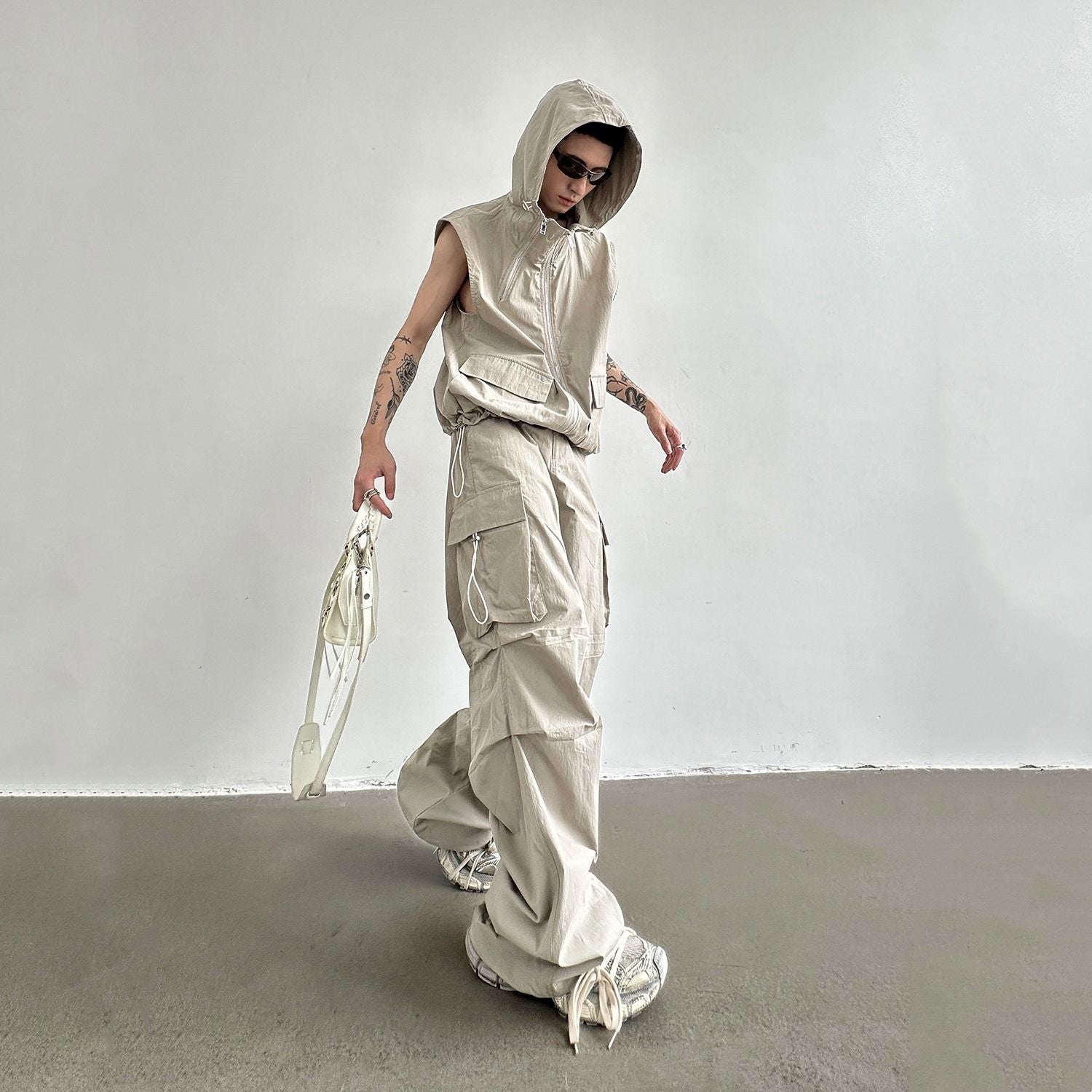 Men's Hooded Sleeveless Vest Wide Leg Trousers Overall Suit