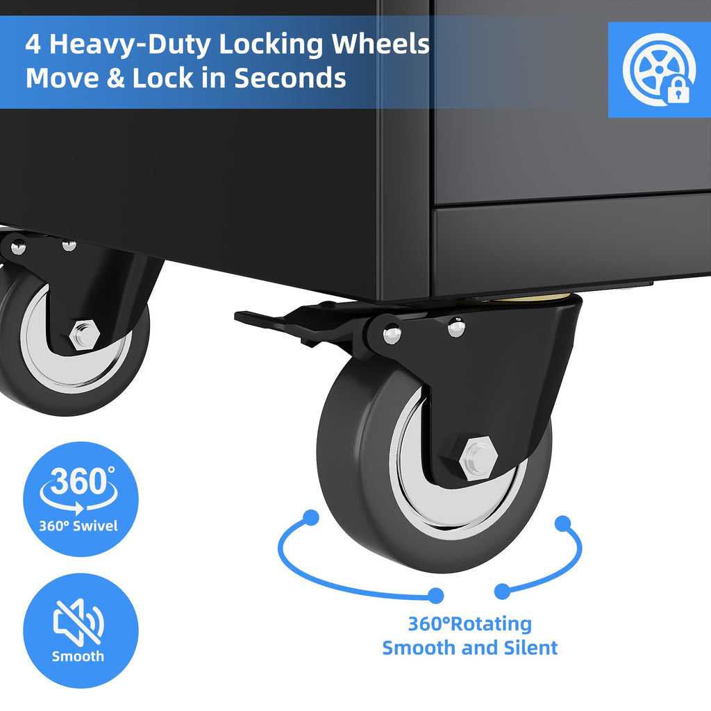 Garage Storage Cabinet With Wheels And 2 Drawers, Locking Metal Storage Cabinet With 2 Adjustable Shelves And 4 Doors For Garage, Home, Assembly Required, Black And Dark Gray