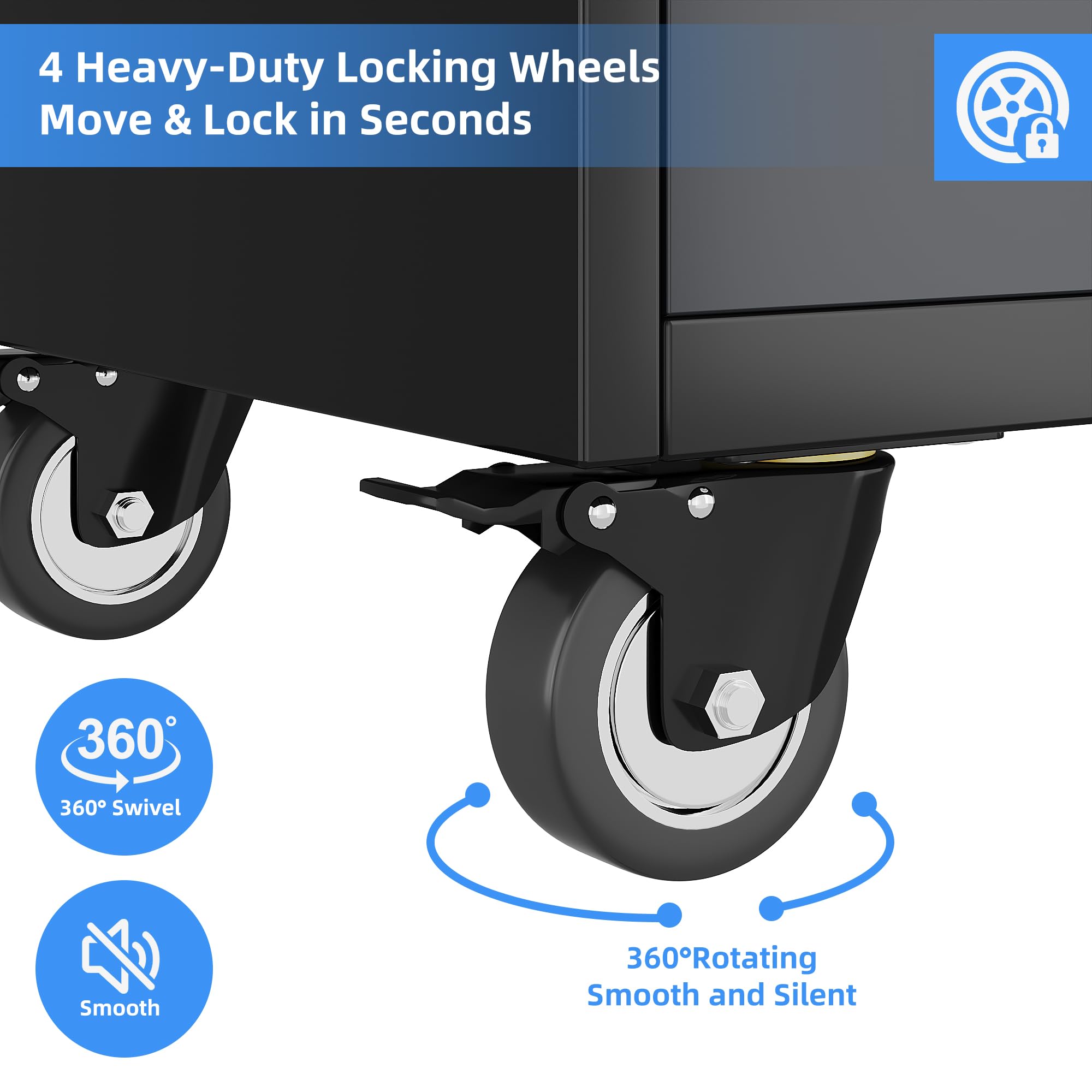 Garage Storage Cabinet With Wheels And 2 Drawers, Locking Metal Storage Cabinet With 2 Adjustable Shelves And 4 Doors For Garage, Home, Assembly Required, Black And Dark Gray