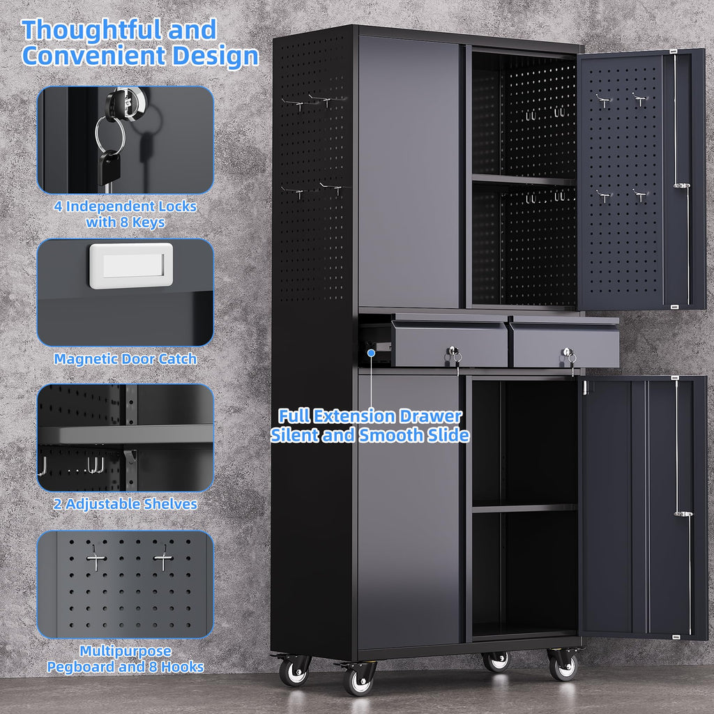 Garage Storage Cabinet With Wheels And 2 Drawers, Locking Metal Storage Cabinet With 2 Adjustable Shelves And 4 Doors For Garage, Home, Assembly Required, Black And Dark Gray