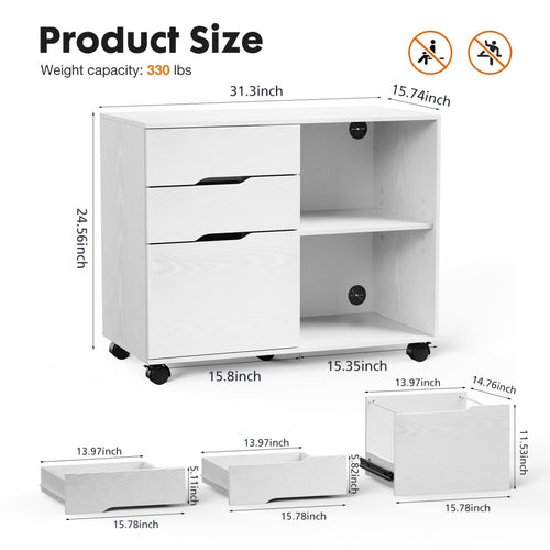 3 Drawer Mobile Rolling Lateral File Cabinet For Home Office And Kids Room