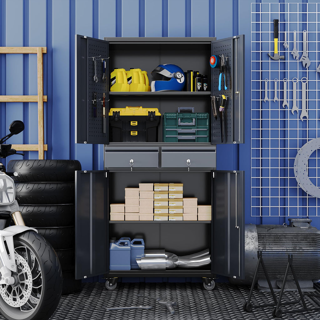 Garage Storage Cabinet With Wheels And 2 Drawers, Locking Metal Storage Cabinet With 2 Adjustable Shelves And 4 Doors For Garage, Home, Assembly Required, Black And Dark Gray