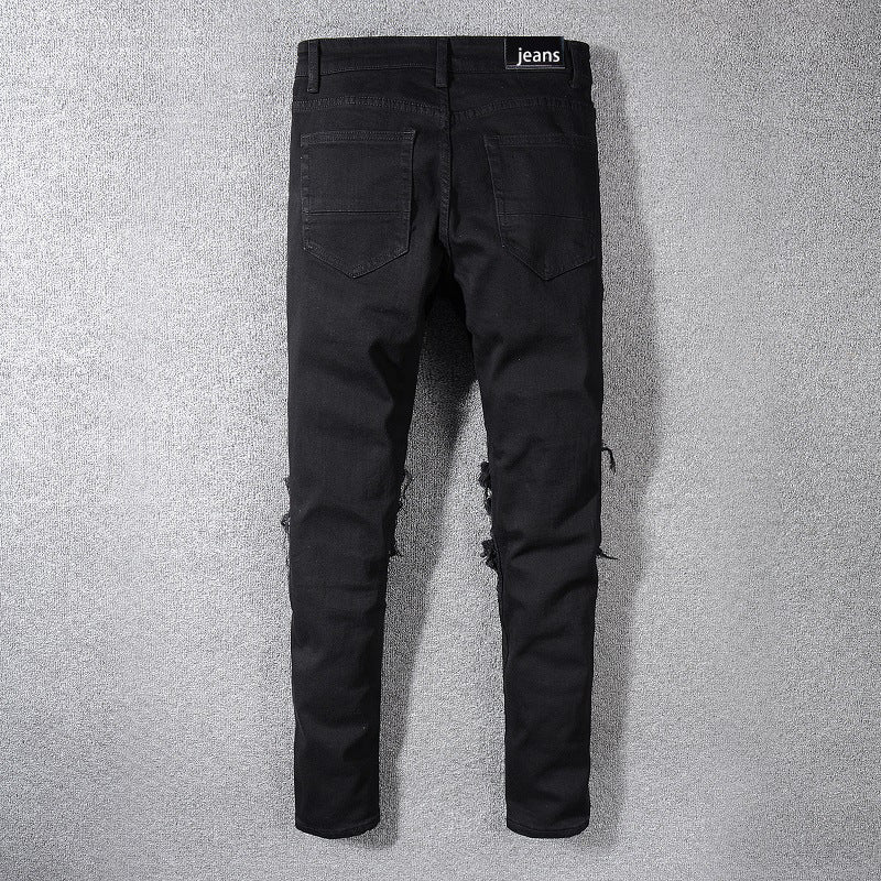 Foreign Trade Men's Black Patch Jeans Simple