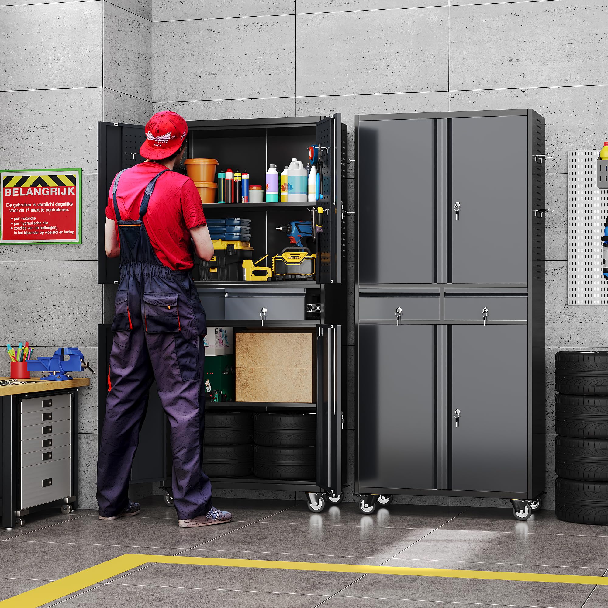 Garage Storage Cabinet With Wheels And 2 Drawers, Locking Metal Storage Cabinet With 2 Adjustable Shelves And 4 Doors For Garage, Home, Assembly Required, Black And Dark Gray