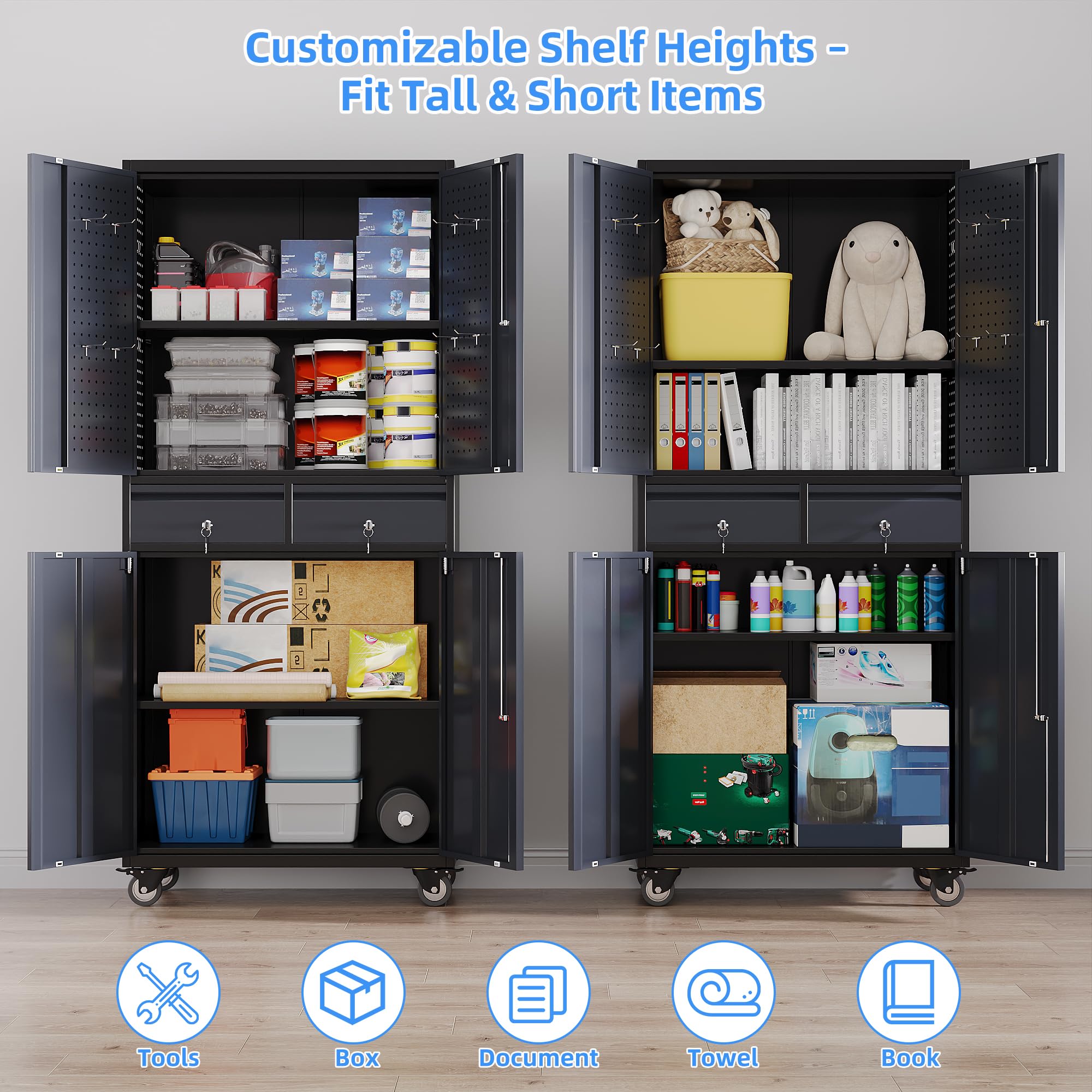 Garage Storage Cabinet With Wheels And 2 Drawers, Locking Metal Storage Cabinet With 2 Adjustable Shelves And 4 Doors For Garage, Home, Assembly Required, Black And Dark Gray
