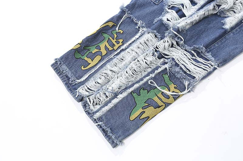 Men's Fashion Vintage Ragged Burlap Letter Embroidered Jeans