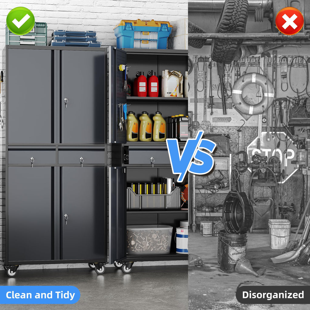 Garage Storage Cabinet With Wheels And 2 Drawers, Locking Metal Storage Cabinet With 2 Adjustable Shelves And 4 Doors For Garage, Home, Assembly Required, Black And Dark Gray