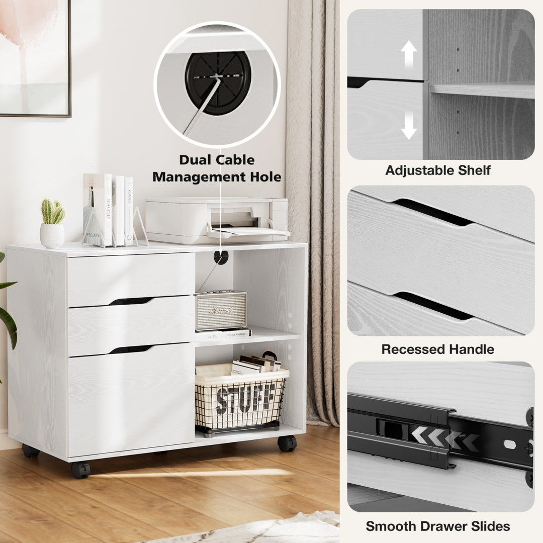 3 Drawer Mobile Rolling Lateral File Cabinet For Home Office And Kids Room