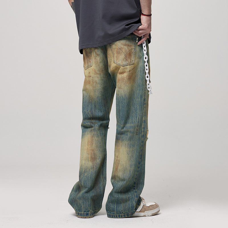 Men's Retro Washed Make Old Ripped Slightly Flared Jeans