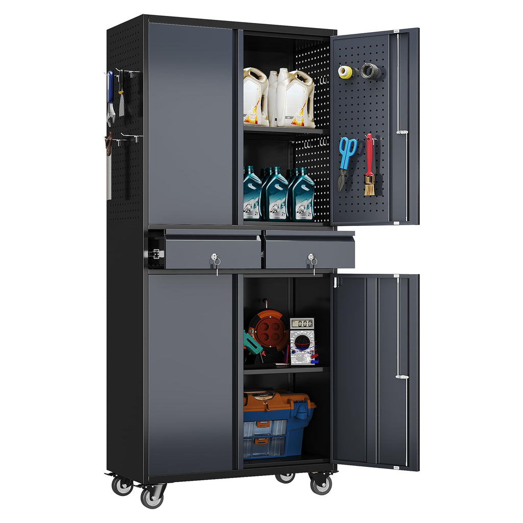Garage Storage Cabinet With Wheels And 2 Drawers, Locking Metal Storage Cabinet With 2 Adjustable Shelves And 4 Doors For Garage, Home, Assembly Required, Black And Dark Gray