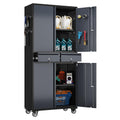 Garage Storage Cabinet With Wheels And 2 Drawers, Locking Metal Storage Cabinet With 2 Adjustable Shelves And 4 Doors For Garage, Home, Assembly Required, Black And Dark Gray