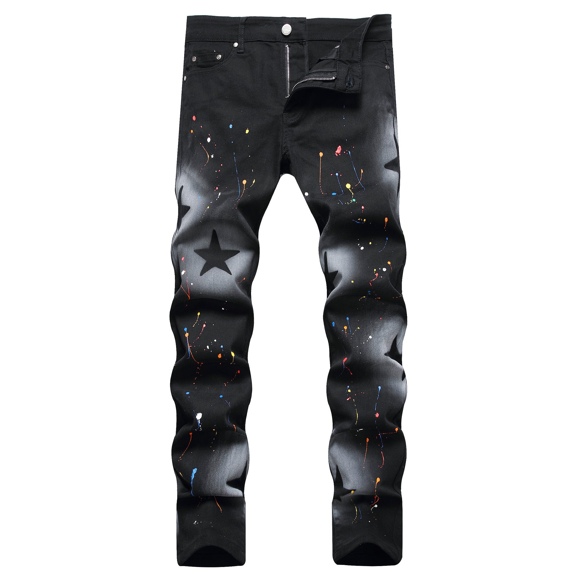 Men's Fashion Casual Cool Hand-painted Gun Spray Five-pointed Star Straight Jeans