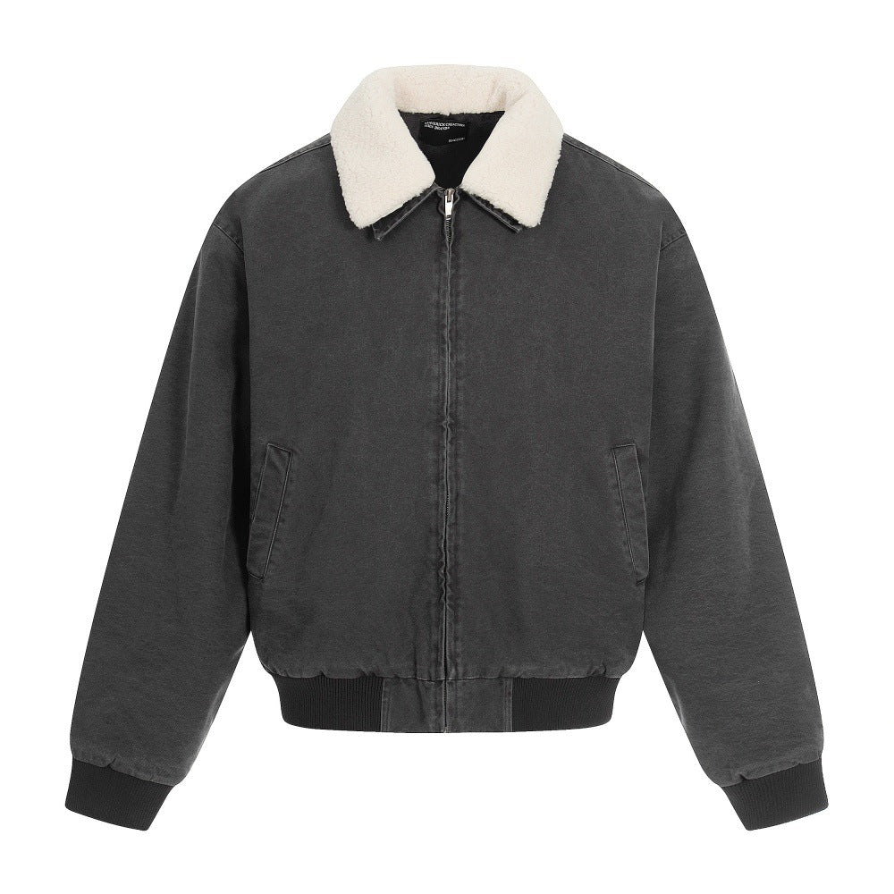 Contrasting Color Fleece-Lined Jacket With Fur Collar Men's Loose Fit