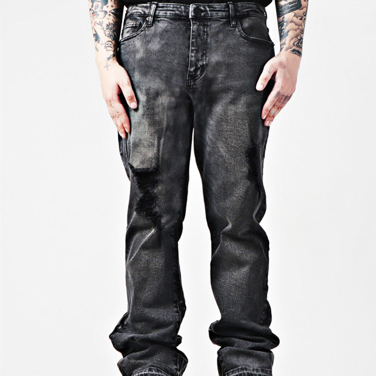 American Street Hiphop Leather Patchwork Popular Youth Vintage Jeans